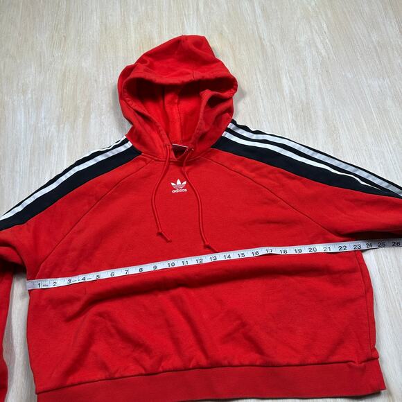 Adidas Red Hoodie Pullover Cropped Stripe Sleeve Leoflage Trefoil Sweater Large - Picture 8 of 15